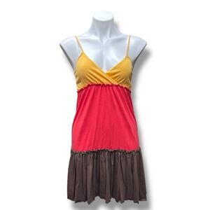 Energie Babydoll Mini Dress Sz S Color Block Tiered V Neck Jersey Y2K Boho Soft